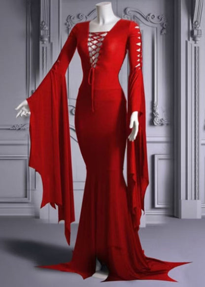 Lace Up Corset Deep V Pointed Bell Sleeve Handkerchief Hem Mermaid Dress