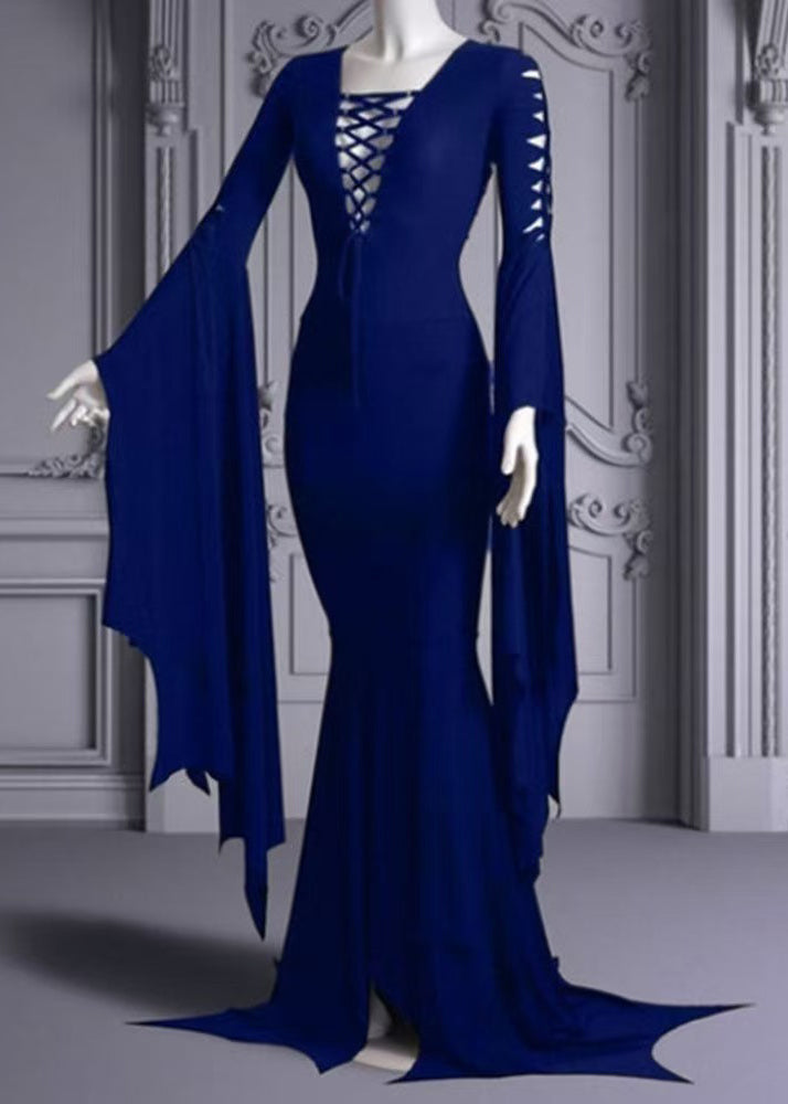 Lace Up Corset Deep V Pointed Bell Sleeve Handkerchief Hem Mermaid Dress