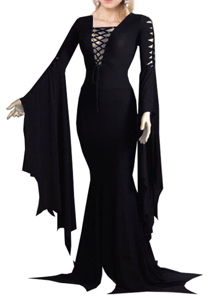 Lace Up Corset Deep V Pointed Bell Sleeve Handkerchief Hem Mermaid Dress