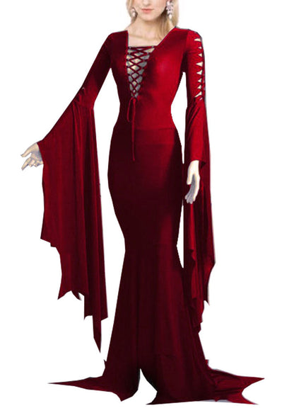 Lace Up Corset Deep V Pointed Bell Sleeve Handkerchief Hem Mermaid Dress