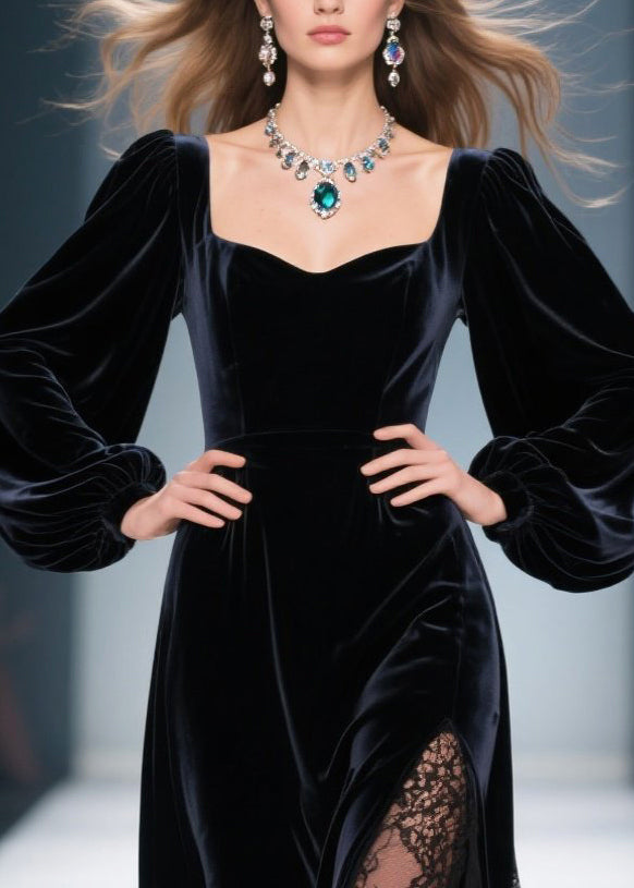 Sweetheart Neck Bishop Sleeve Velvet Lace Inset High-Slit Maxi Gown