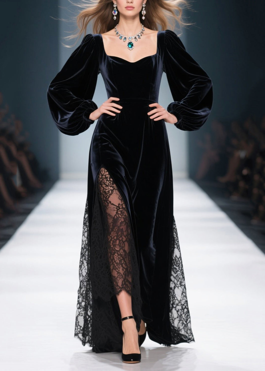 Sweetheart Neck Bishop Sleeve Velvet Lace Inset High-Slit Maxi Gown