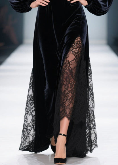 Sweetheart Neck Bishop Sleeve Velvet Lace Inset High-Slit Maxi Gown