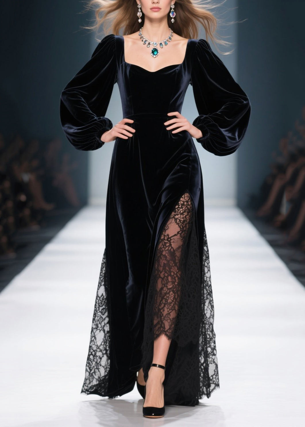 Sweetheart Neck Bishop Sleeve Velvet Lace Inset High-Slit Maxi Gown