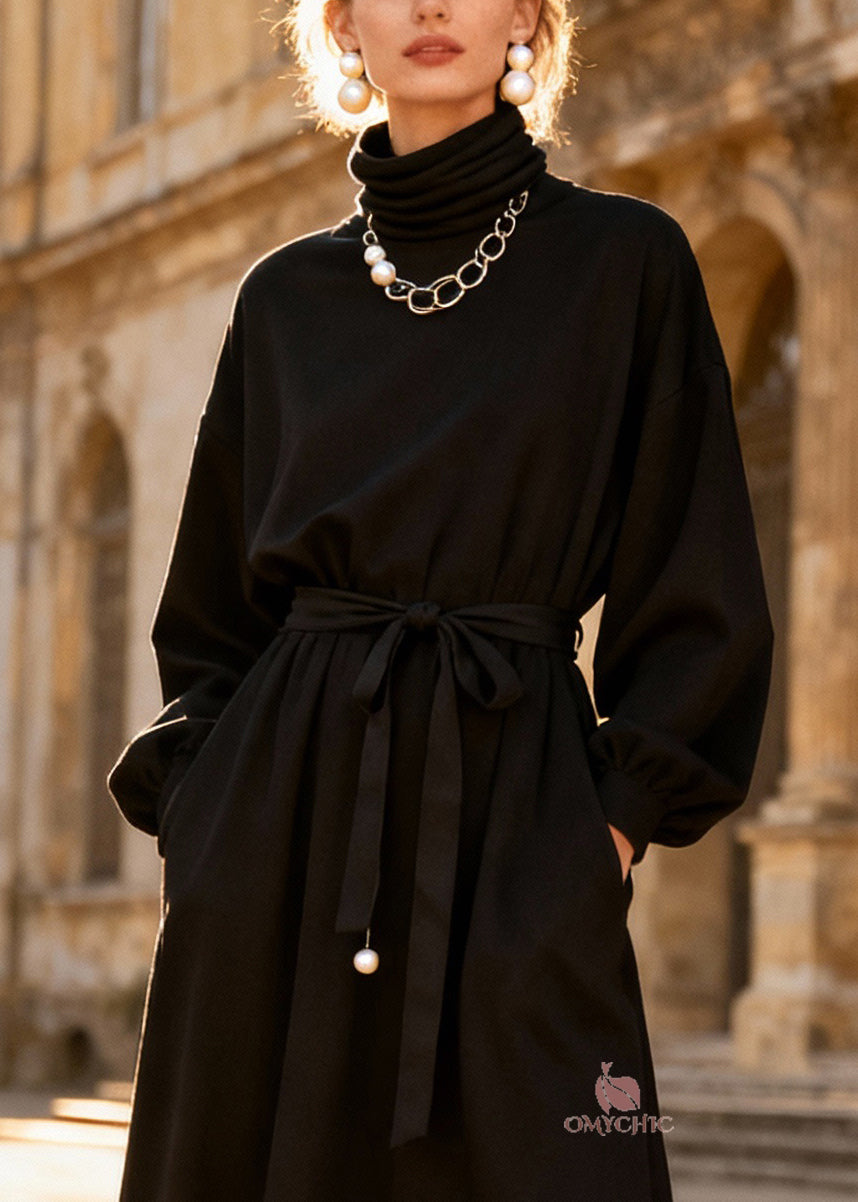 Turtleneck Balloon Sleeve Sash Tie Lace Trim Handkerchief Hem Midi Dress