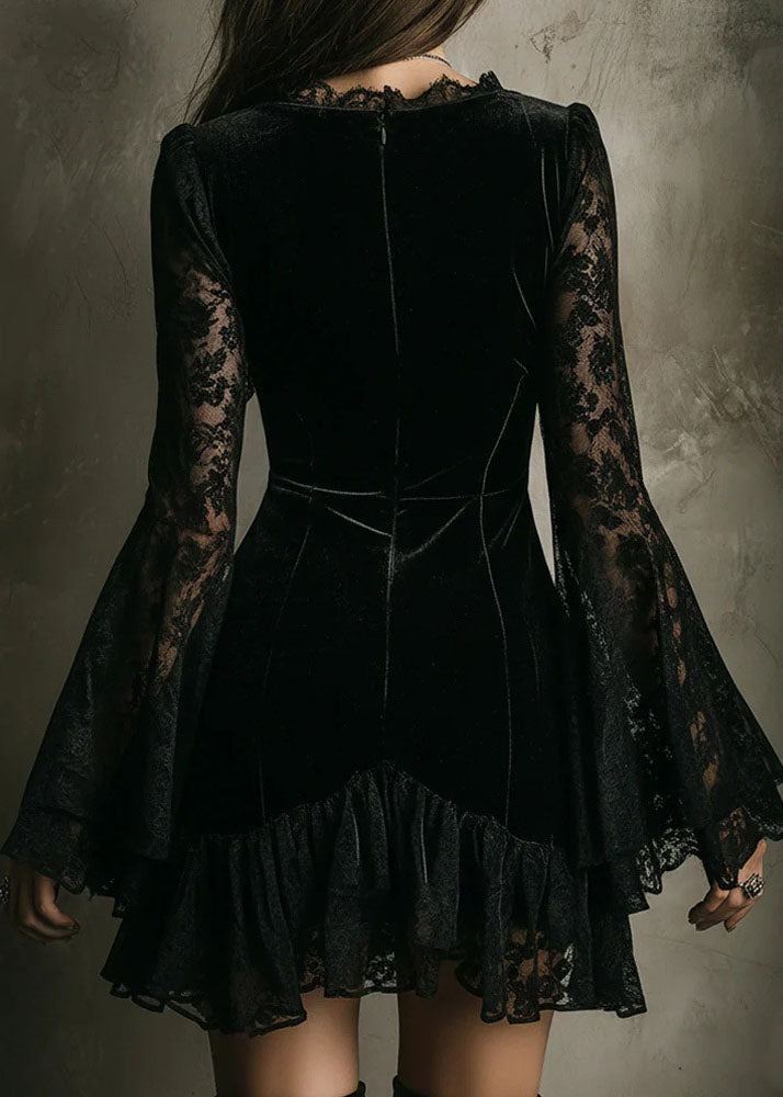 Deep V-Neck Lace Bell Sleeve Tiered Ruffle Velvet Mini Dress