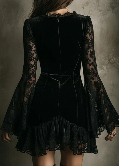 Deep V-Neck Lace Bell Sleeve Tiered Ruffle Velvet Mini Dress