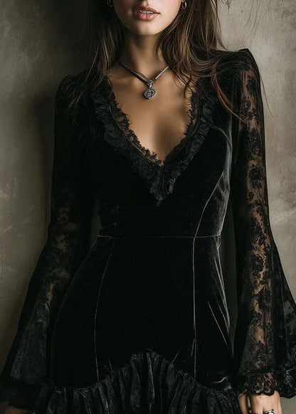 Deep V-Neck Lace Bell Sleeve Tiered Ruffle Velvet Mini Dress