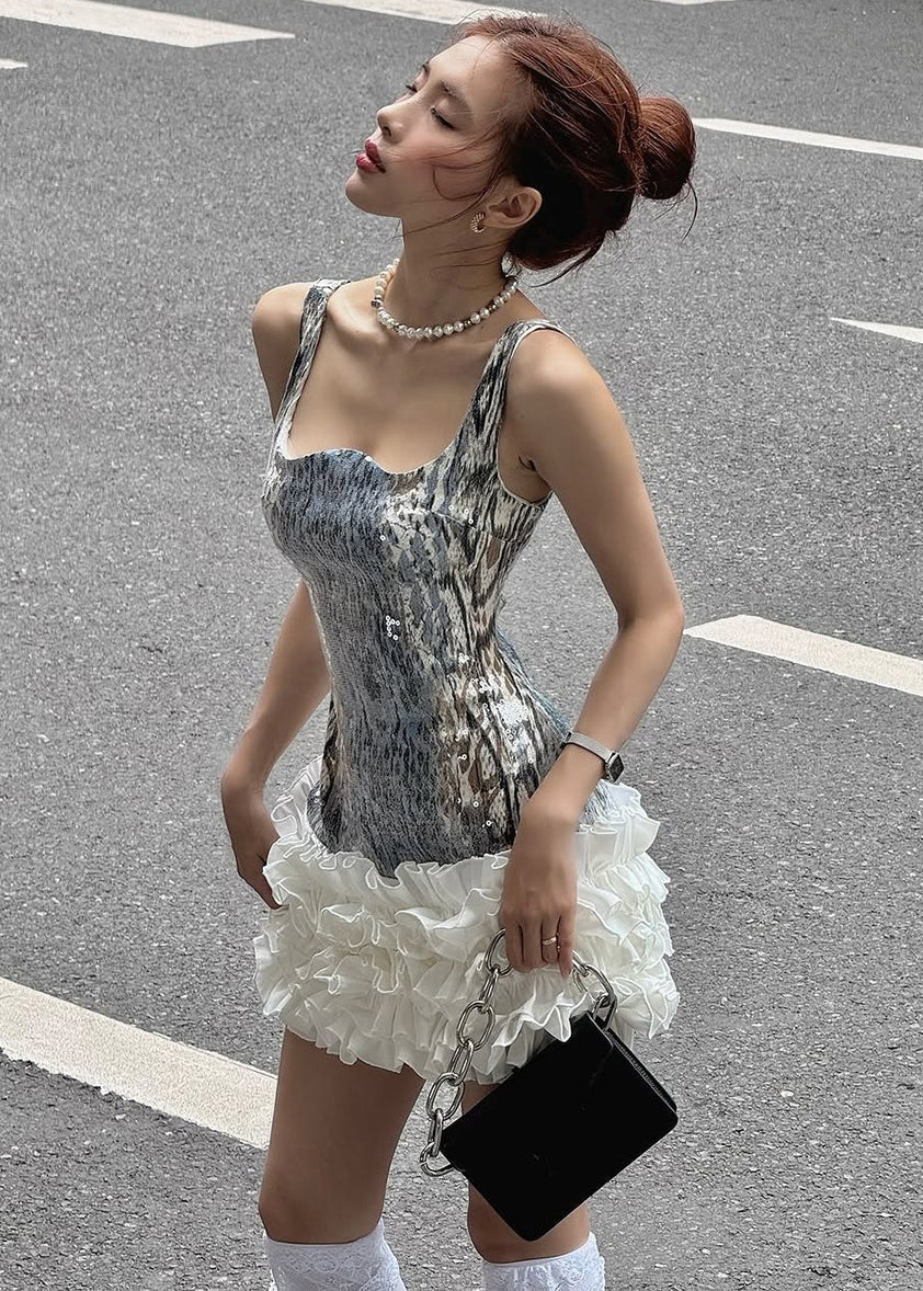 Scoop Neck Abstract Print Bodice Tiered Ruffle Skirt Mini Dress