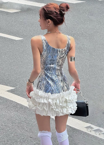 Scoop Neck Abstract Print Bodice Tiered Ruffle Skirt Mini Dress