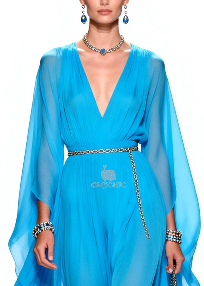 Deep V-Neck Cape Sleeve Chain Belt High-Slit Wide-Leg Jumpsuit
