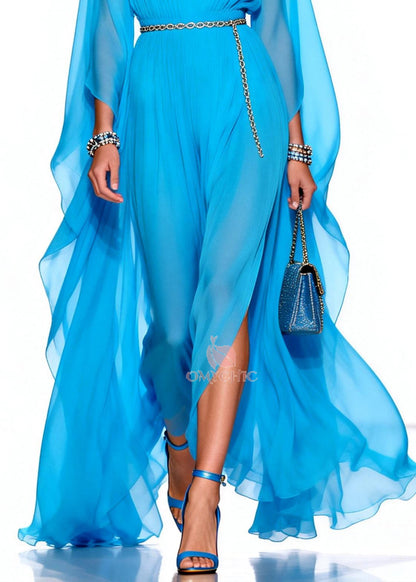 Deep V-Neck Cape Sleeve Chain Belt High-Slit Wide-Leg Jumpsuit