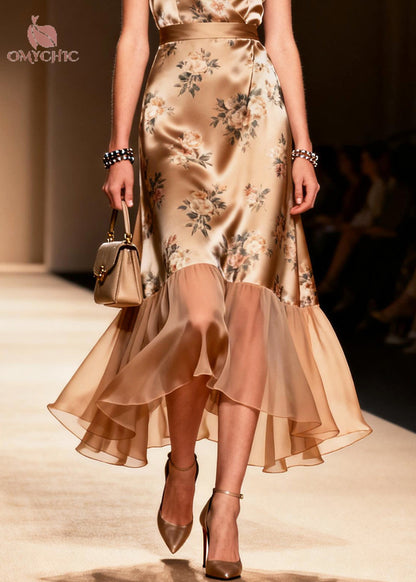 Floral Print V-Neck Cap Sleeve Sheer Ruffle Hem Midi Dress