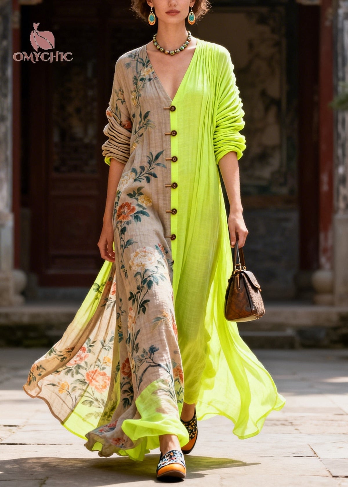 Deep V-Neck Colorblock Asymmetrical Patchwork Cotton Maxi Dress