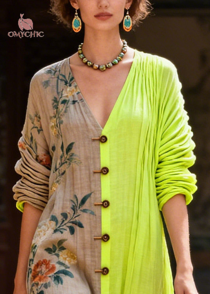 Deep V-Neck Colorblock Asymmetrical Patchwork Cotton Maxi Dress