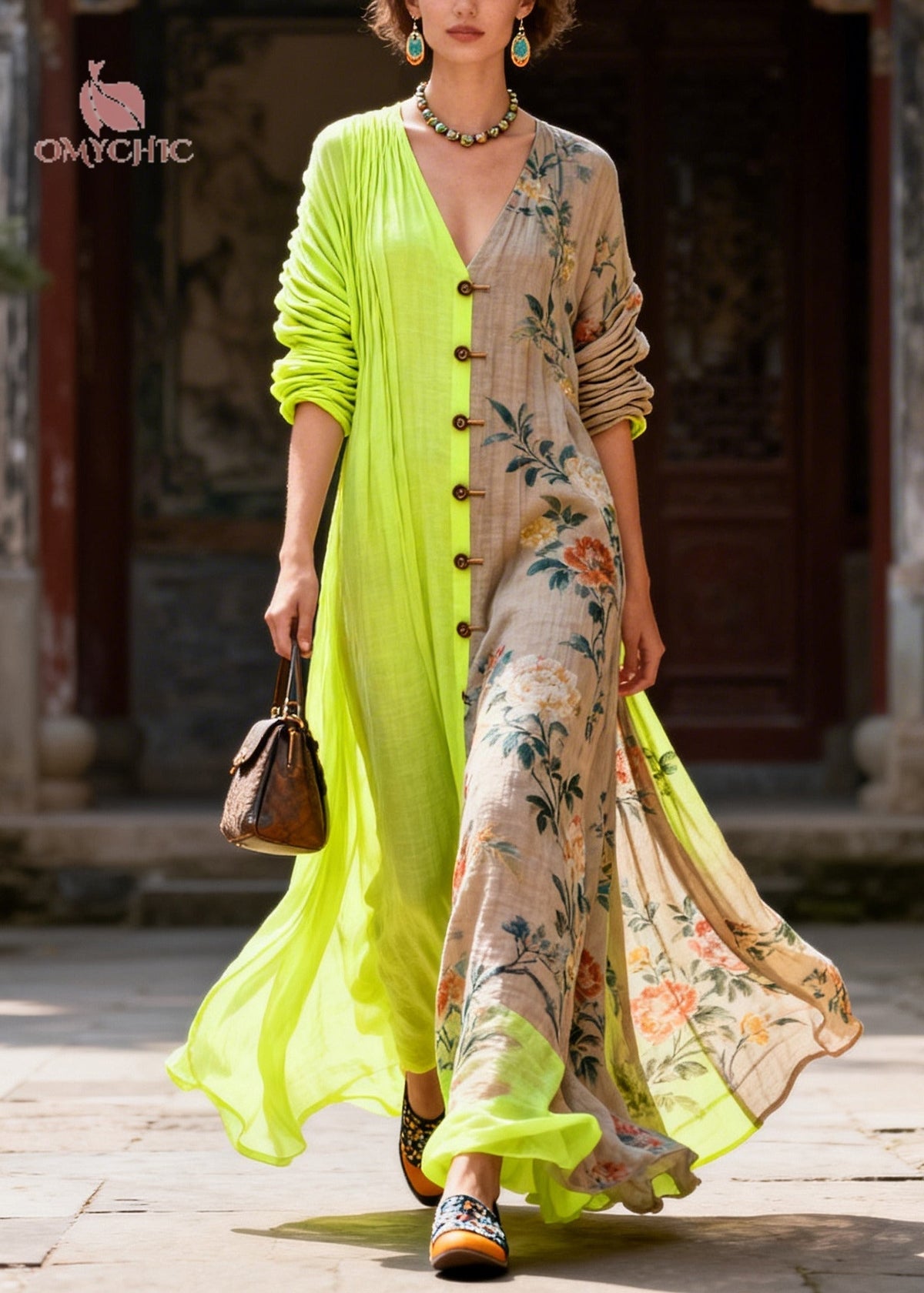 Deep V-Neck Colorblock Asymmetrical Patchwork Cotton Maxi Dress