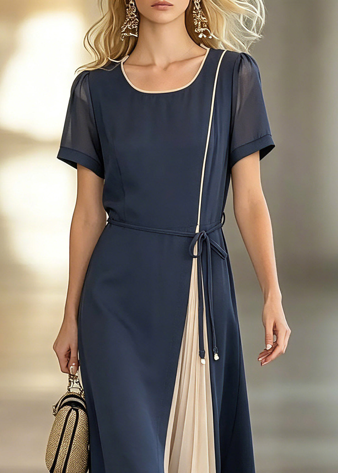 Round Neck Sheer Puff Sleeve Belted Pleated Insert Midi Dress