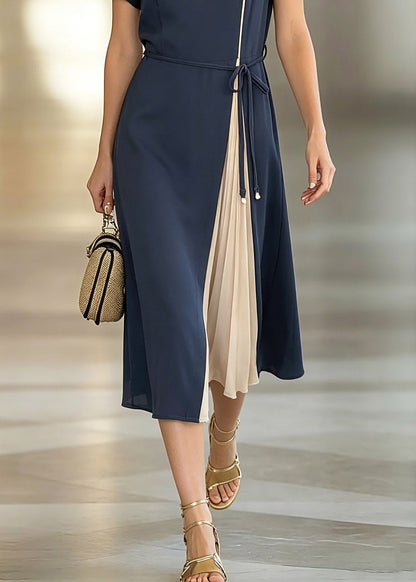 Round Neck Sheer Puff Sleeve Belted Pleated Insert Midi Dress