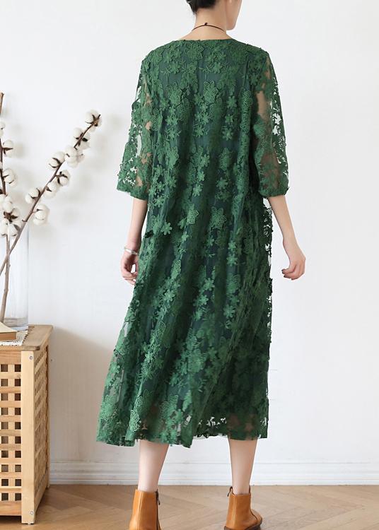 Round Neck Three Quarter Sleeve Floral Lace Embroidered Overlay Midi Dress