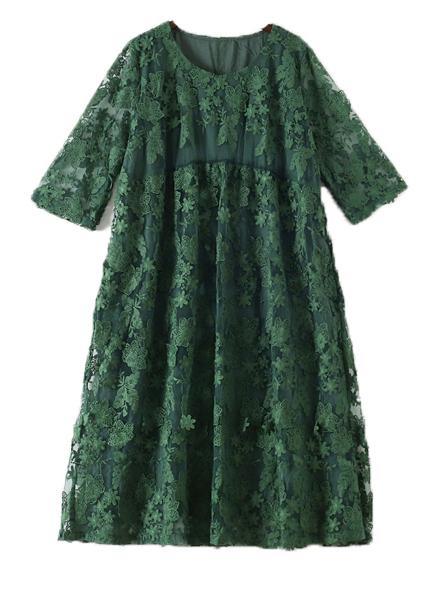 Round Neck Three Quarter Sleeve Floral Lace Embroidered Overlay Midi Dress