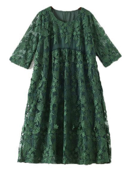 Round Neck Three Quarter Sleeve Floral Lace Embroidered Overlay Midi Dress
