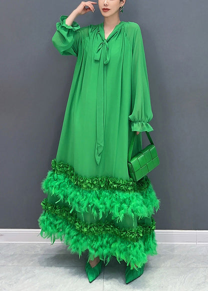 V Neck Tie Front Balloon Sleeve Feather Trim Tiered Maxi Dress
