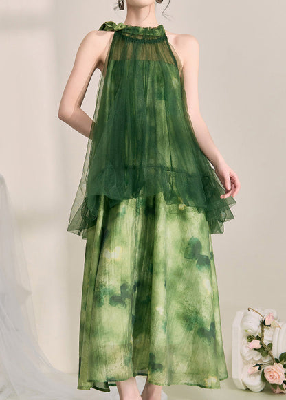 Halter Smocked Ruffle Neck Sheer Tulle Butterfly Print Layered Maxi Dress