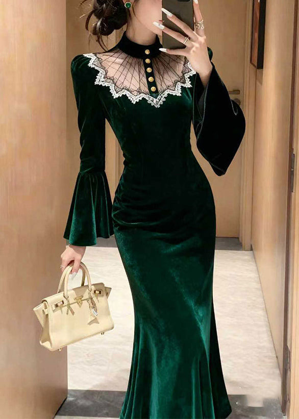 High Neck Sheer Mesh Lace Trim Bell Sleeve Mermaid Velvet Maxi Gown