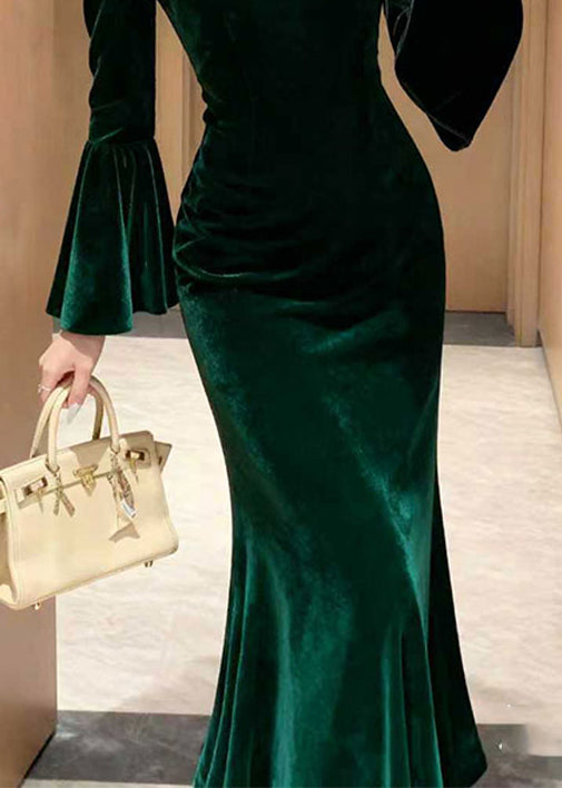 High Neck Sheer Mesh Lace Trim Bell Sleeve Mermaid Velvet Maxi Gown