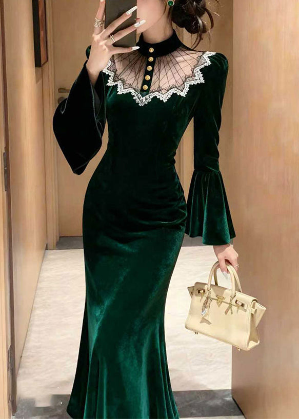 High Neck Sheer Mesh Lace Trim Bell Sleeve Mermaid Velvet Maxi Gown