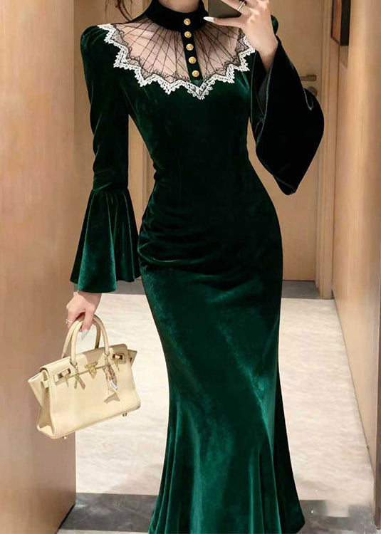 High Neck Sheer Mesh Lace Trim Bell Sleeve Mermaid Velvet Maxi Gown