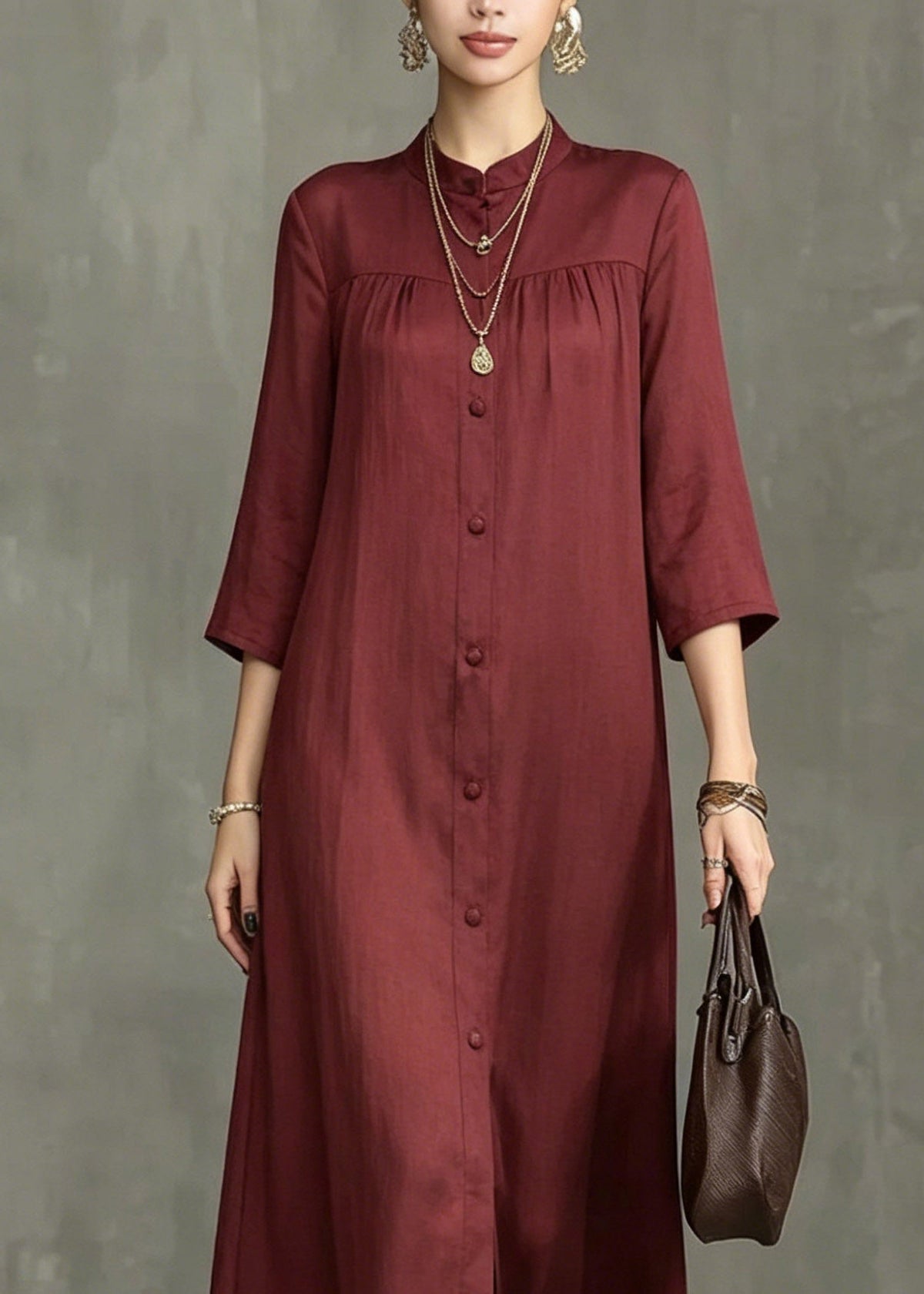 Mandarin Collar Button Front Pleated Yoke Linen Maxi Shirt Dress
