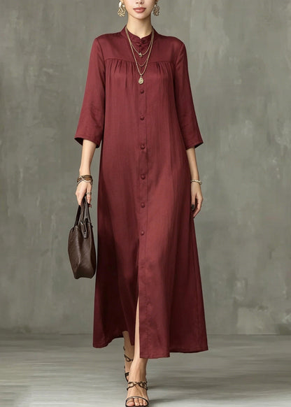 Mandarin Collar Button Front Pleated Yoke Linen Maxi Shirt Dress