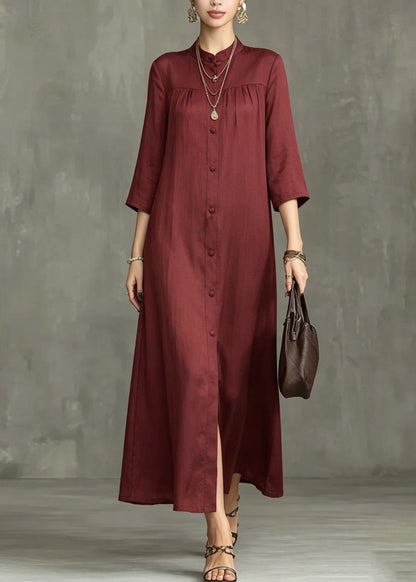 Mandarin Collar Button Front Pleated Yoke Linen Maxi Shirt Dress