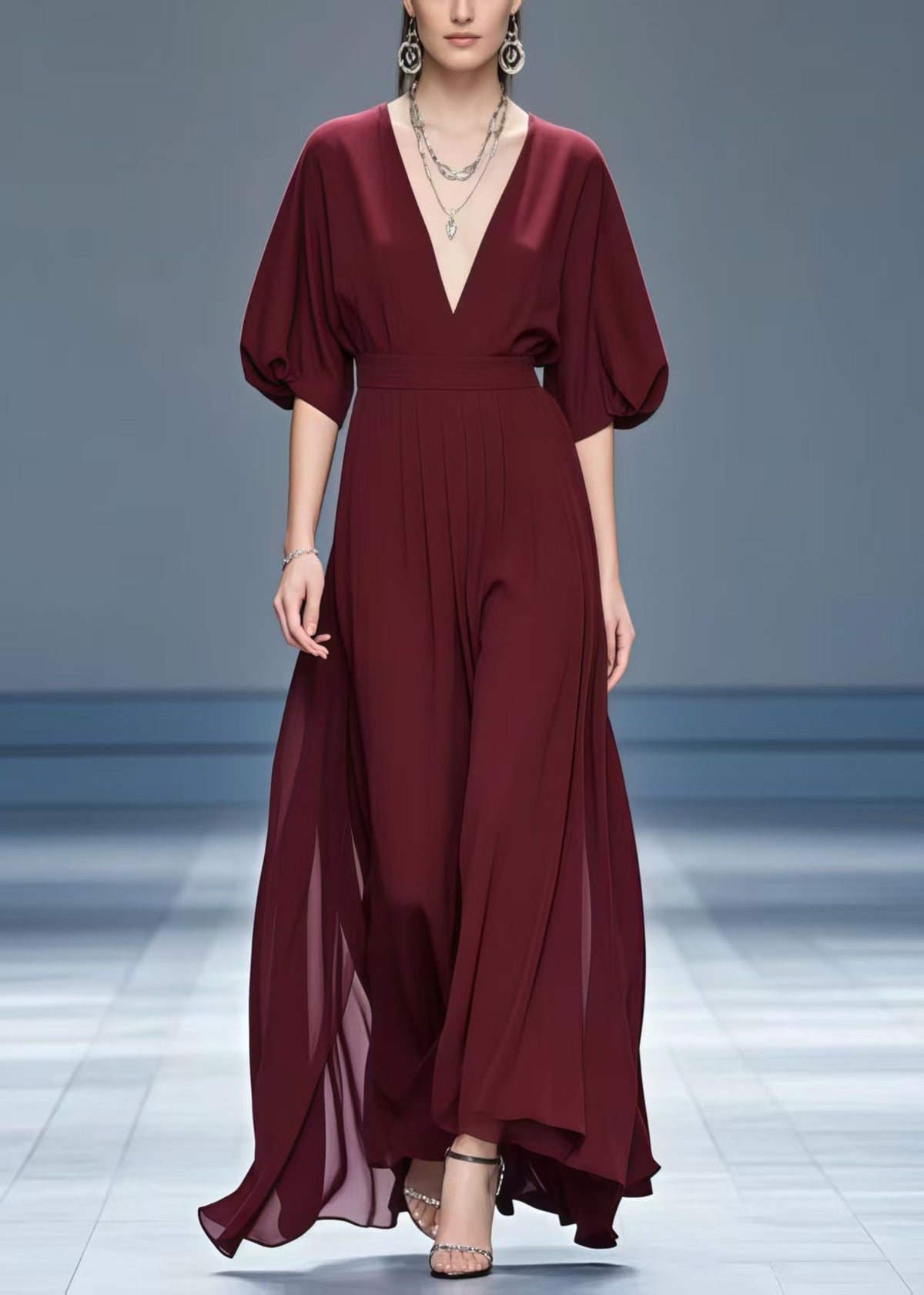Deep V-Neck Puff Sleeve Wide Waistband Pleated Chiffon Maxi Gown