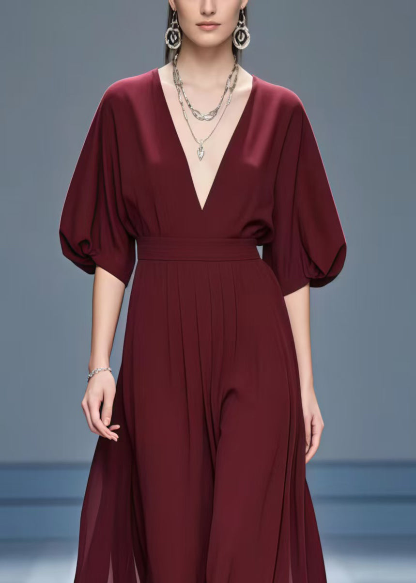 Deep V-Neck Puff Sleeve Wide Waistband Pleated Chiffon Maxi Gown