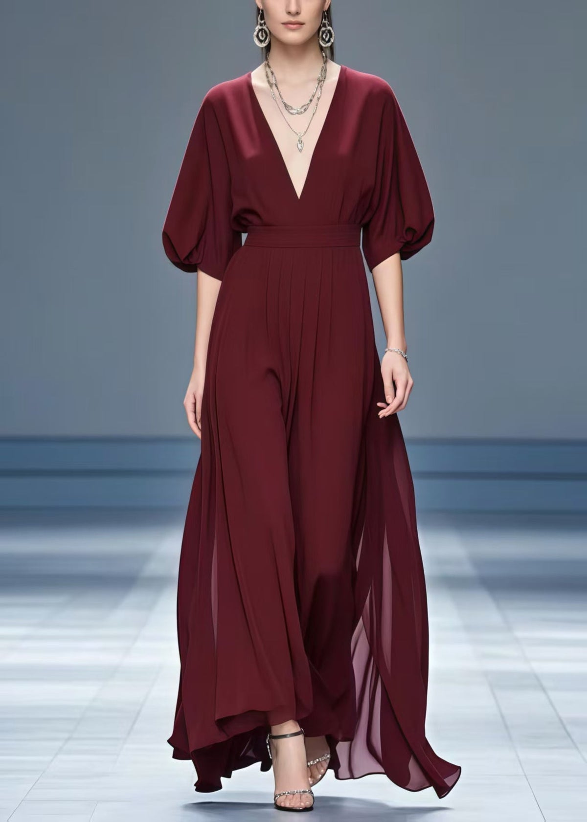 Deep V-Neck Puff Sleeve Wide Waistband Pleated Chiffon Maxi Gown