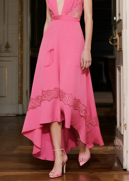Deep V-Neck Lace Panel Waist Pleated High-Low Chiffon Maxi Dress