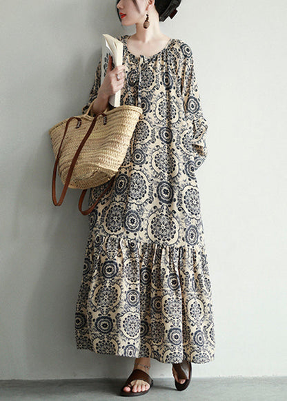Mandala Print Lace-Up Tiered Long Sleeve Maxi Dress