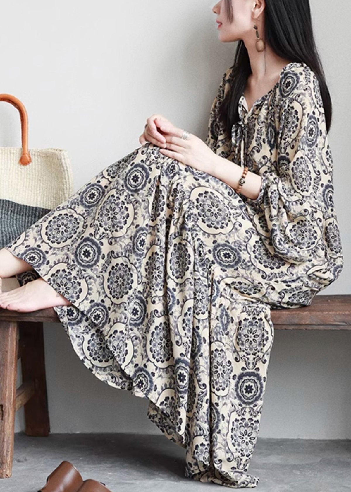 Mandala Print Lace-Up Tiered Long Sleeve Maxi Dress