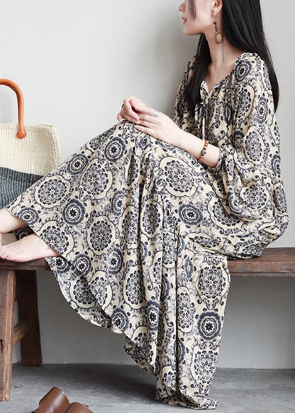 Mandala Print Lace-Up Tiered Long Sleeve Maxi Dress