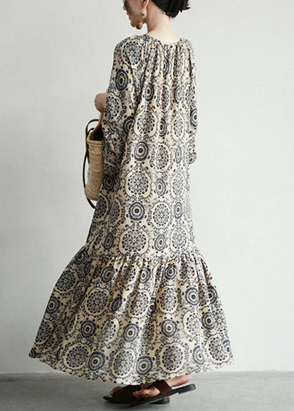 Mandala Print Lace-Up Tiered Long Sleeve Maxi Dress
