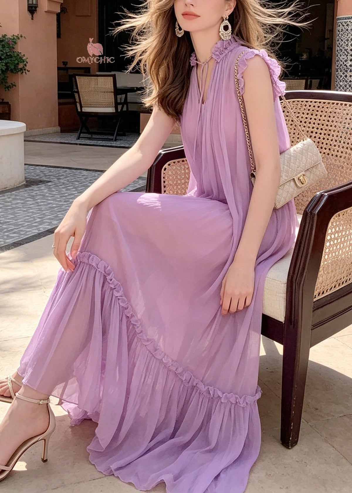 V-Neck Ruffled Collar Tie Neck Sleeveless Tiered Chiffon Maxi Dress