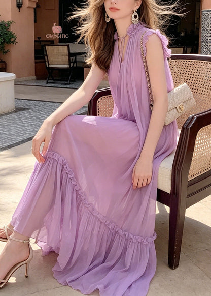 V-Neck Ruffled Collar Tie Neck Sleeveless Tiered Chiffon Maxi Dress