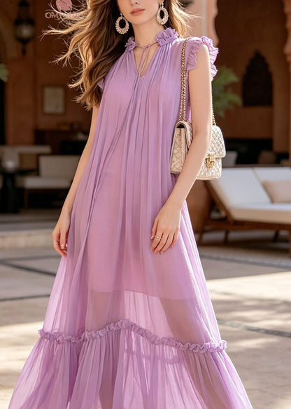V-Neck Ruffled Collar Tie Neck Sleeveless Tiered Chiffon Maxi Dress