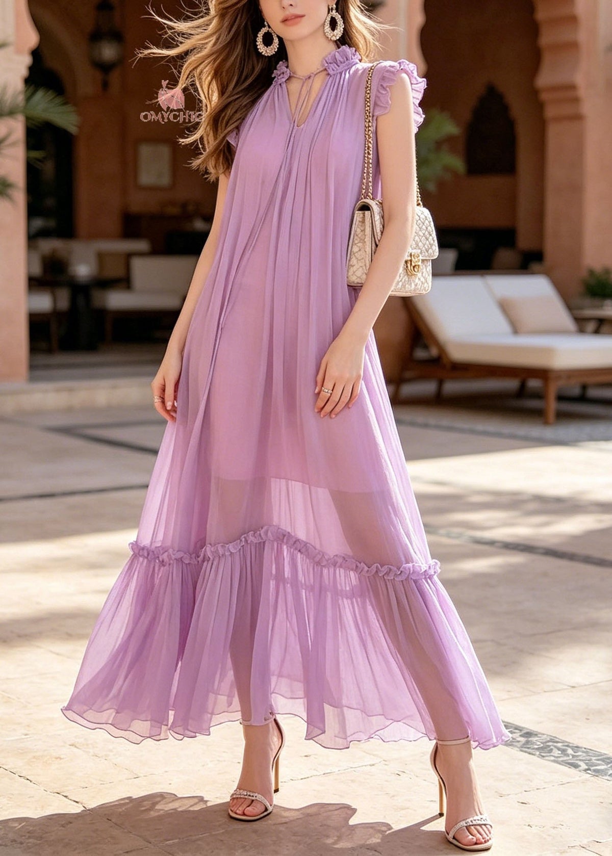 V-Neck Ruffled Collar Tie Neck Sleeveless Tiered Chiffon Maxi Dress