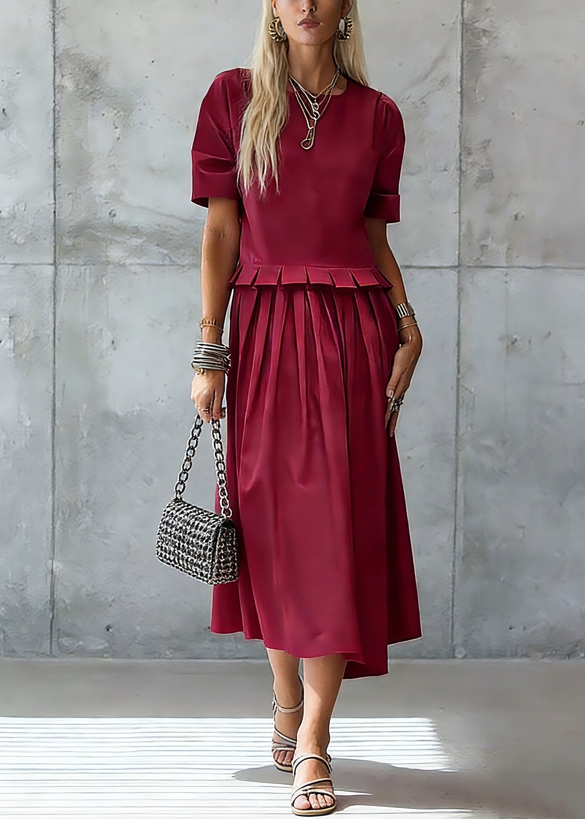 Crew Neck Accordion Pleated Peplum Top Pleated Midi Skirt Set