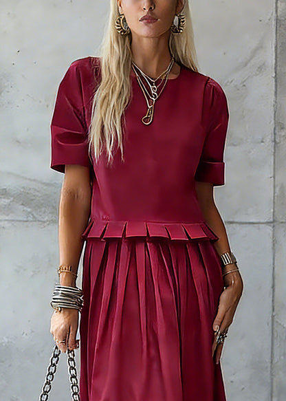 Crew Neck Accordion Pleated Peplum Top Pleated Midi Skirt Set