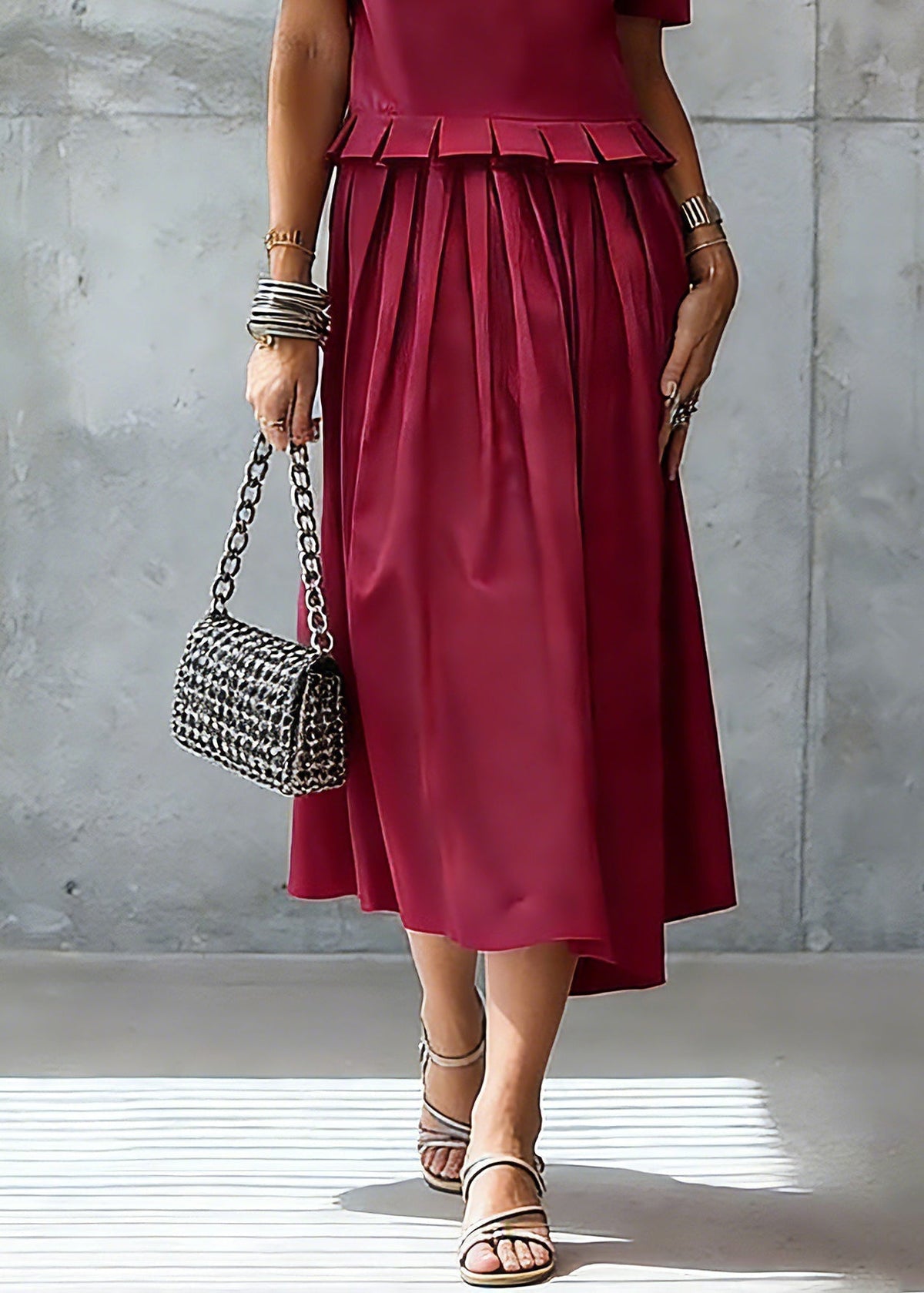 Crew Neck Accordion Pleated Peplum Top Pleated Midi Skirt Set