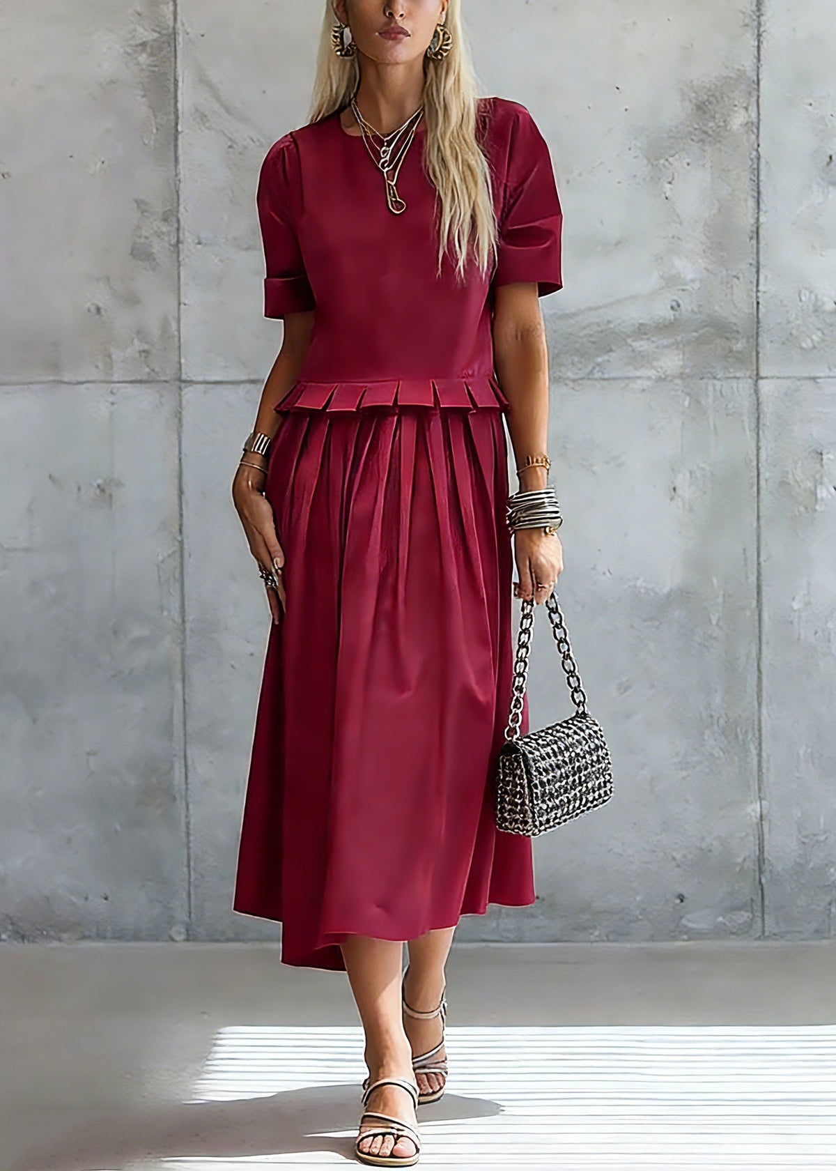 Crew Neck Accordion Pleated Peplum Top Pleated Midi Skirt Set